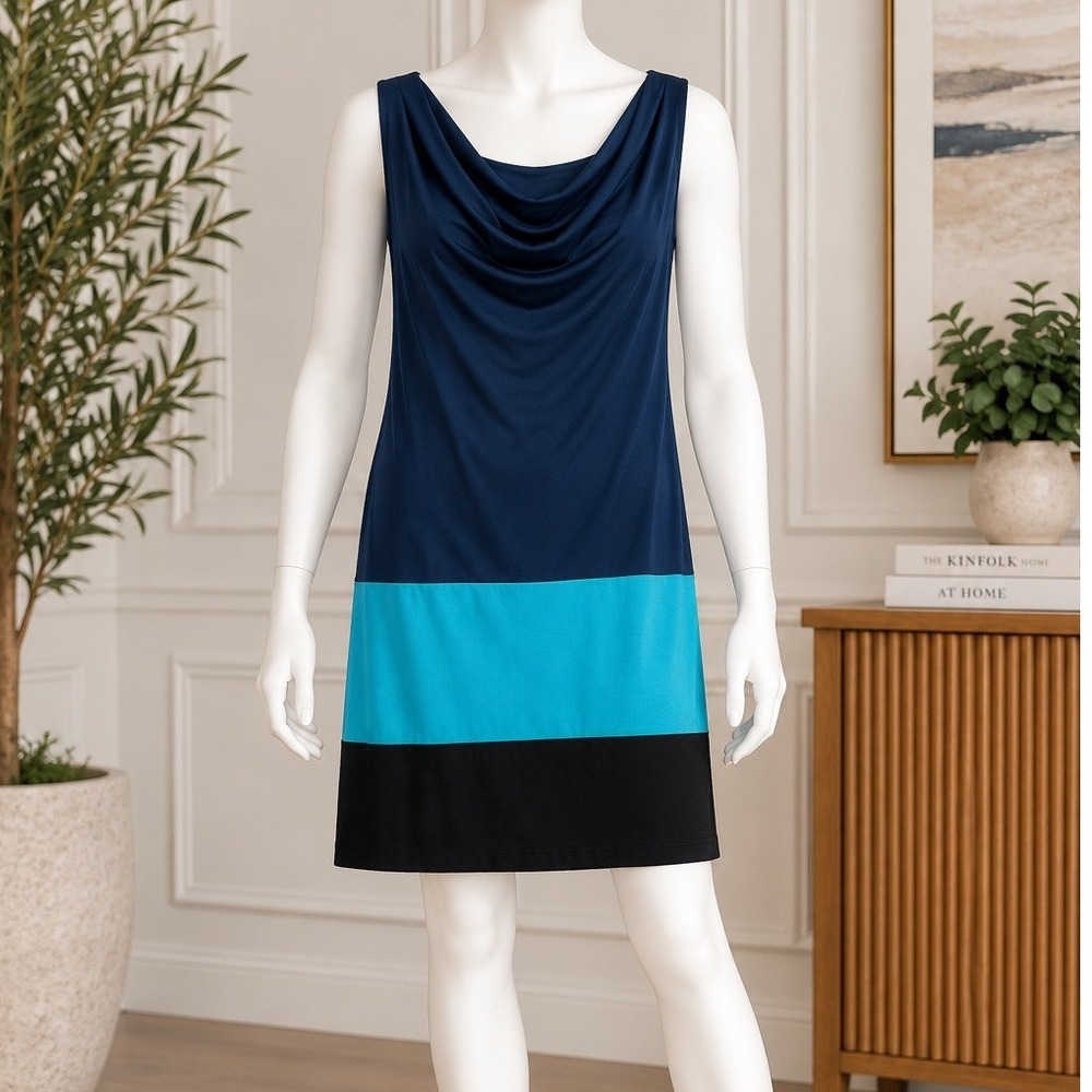 Muse Womens Dress Cowl Neck Colorblock Navy Blue Black Size 10